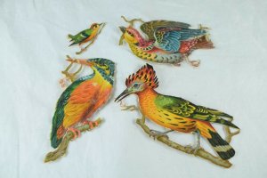 Lot of 4 Victorian Die-Cut Wild-Birds Colorful & Fabulous! F71