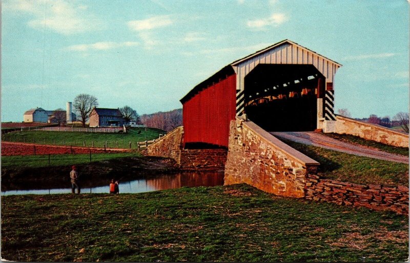 Dutchland Bowers Covered Bridge Amish Farm Postcard VTG UNP Pennsylvania PA 