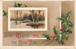 Vintage 1912 Embossed New Year Postcard Winter Landscape Holly Berries