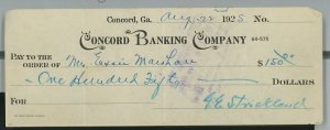 1925 Concord Banking Company Concord GA Check Strickland $150.00 A96