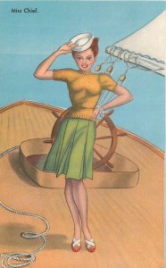 Postcard 1940s Sexy woman sailor Miss chief humor linen 23-11695