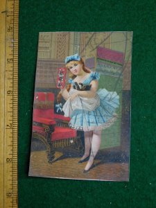 1870s-80s Buroock Blood Bitters Girl Wearing Blue Dress & Cat Trade Card F36