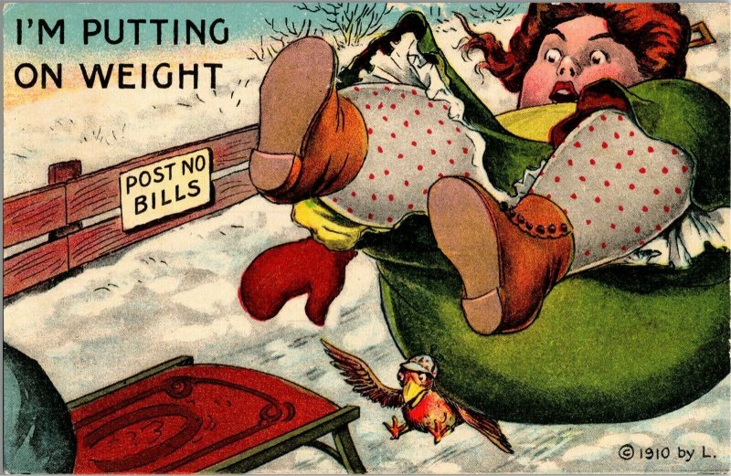 Woman Falls of Sled and Onto Bird, I'm Putting On Weight Vintage Postcard D49