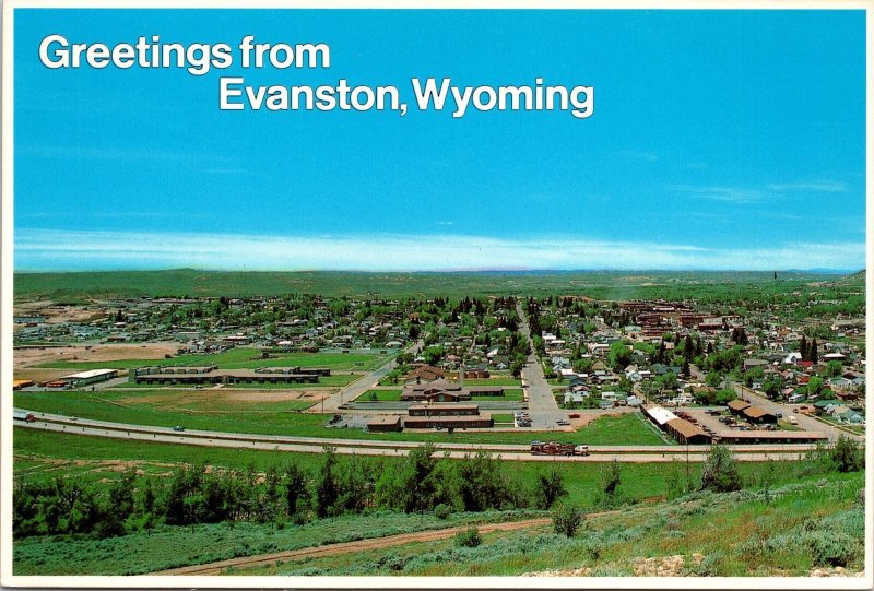 CONTINENTAL SIZE VINTAGE POSTCARD GREETINGS FROM EVANSTON WYOMING 1980s