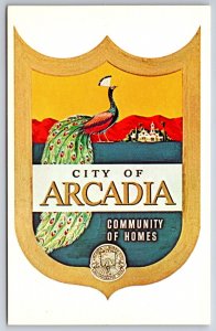 California~City Of Arcadia Community Of Homes Crest W/ Peacock~Vintage Postcard