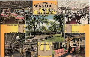 Linen Roadside THE WAGON WHEEL ROCKTON Illinois Ill Postcard 5View INTERIOR