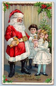 Christmas Postcard Greetings Santa Claus Giving Toys To Kids Embossed c1910's