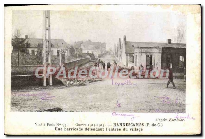 Postcard Old Hannescamps A defendant barricade the entrance of the village