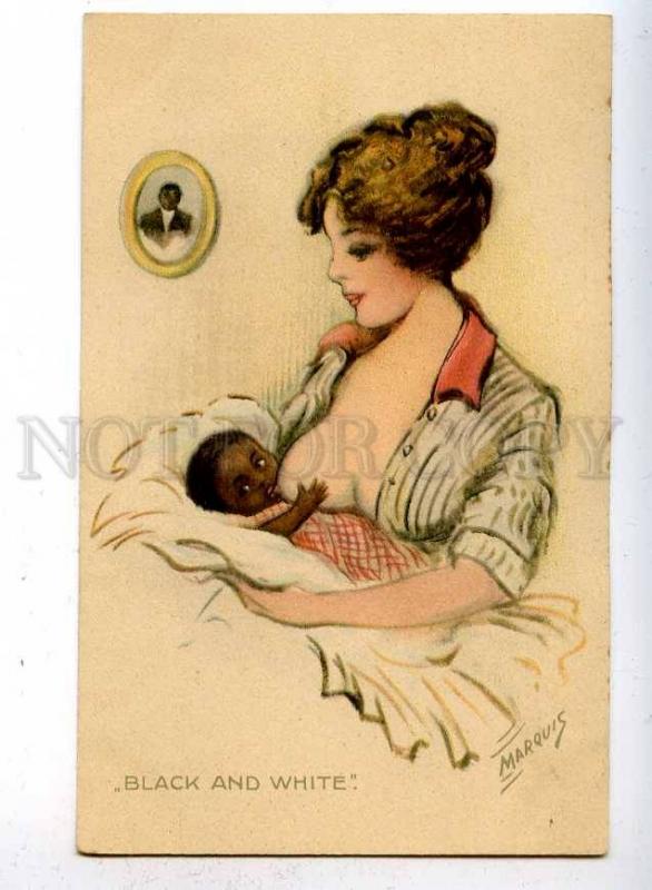 187214 Nursing BLACK Baby WHITE by MARQUIS Vintage American PC