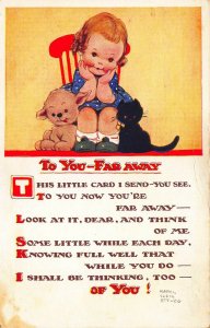 Mabel Lucie Attwell To You-Far Away Young Girl Black Cat Postcard