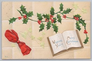 Holiday~Christmas~Holly Branch & Red Ribbon~Vintage Postcard