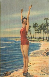 1940s Sexy swimsuit Bathing Beauty woman MWM linen Postcard 22-8311 