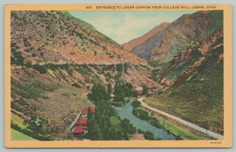 Logan Utah~Entrance to Logan Canyon from College Hill~1940s Linen Postcard