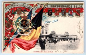 BELGIUM Brussels Gare du Nord 75 Anniversary Independence Heraldic 1905 Postcard