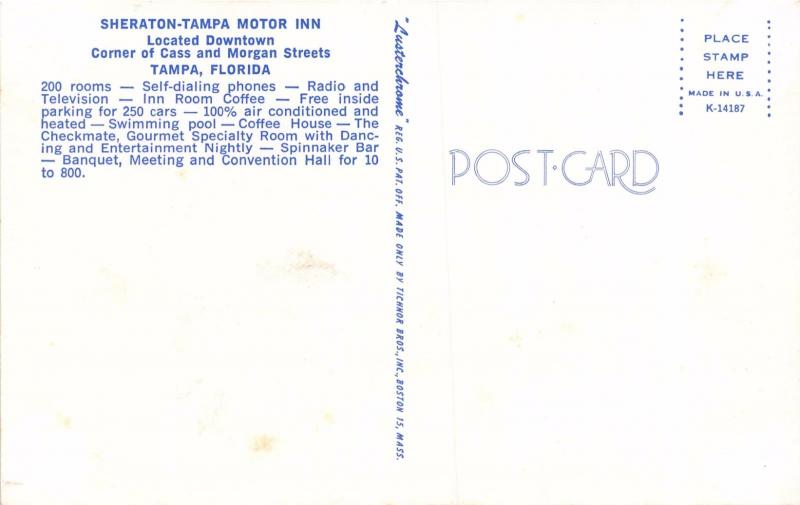 TAMPA FLORIDA SHERATON MOTOR IN~CASS & MORGAN STREETS~NICE ROOM TV POSTCARD 1960