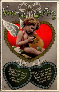 Vtg Valentine Greetings Cupid Playing Mandolin Rapholette Tuck 1910s Postcard