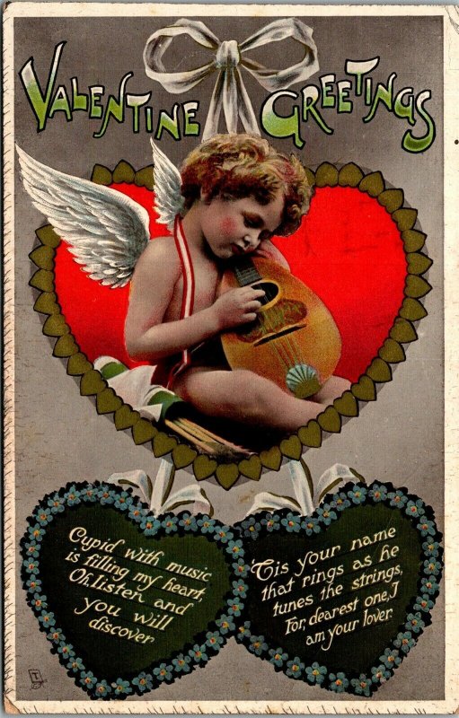 Vtg Valentine Greetings Cupid Playing Mandolin Rapholette Tuck 1910s Postcard