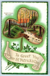 St. Patrick's Day Postcard Greeting Carr's Glen Belfast Shamrock Embossed c1910s