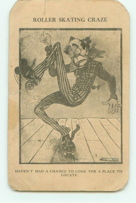 Roller Skating Craze, Skinny Clown Falling on Skates 1908 Comic Postcard 