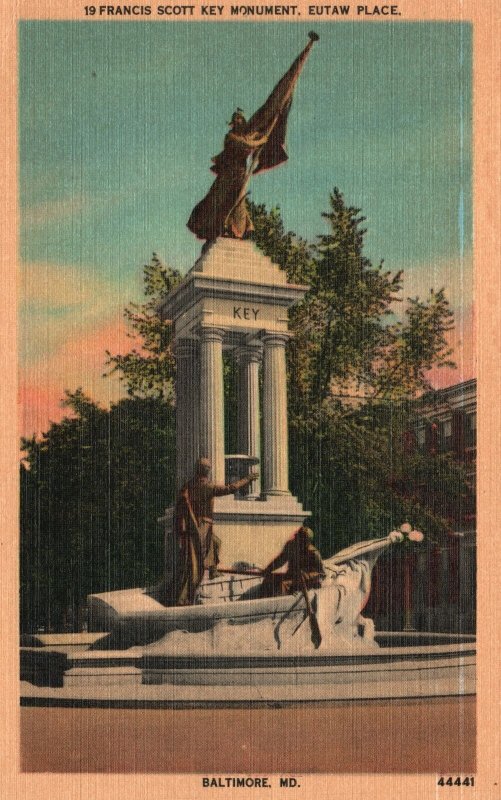 Vintage Postcard 1920s Francis Scott Key Monument Eutaw Place Baltimore Maryland