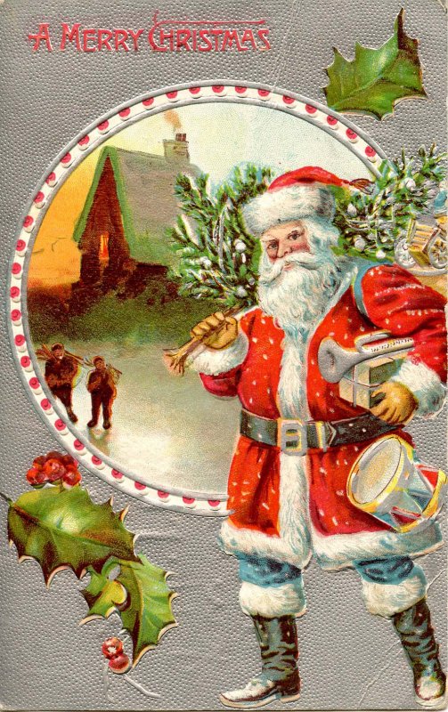 Greeting - Christmas, Santa Claus. Red Suit, Blue Pants   (crease)