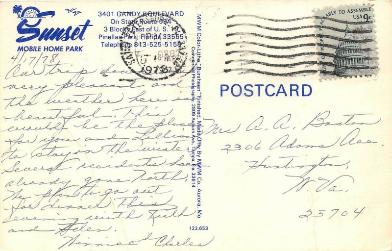 Pinellas Park Florida 1978 Postcard Sunset Mobile Home Park