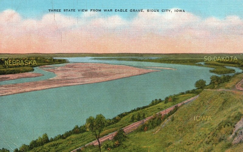 Vintage Postcard Three State View From War Eagle Grave Sioux City Iowa Olson