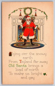 Christmas~Santa on Hearth Rug Before Fireplace~Toy Sack~Holly Wreath~ART DECO