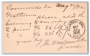 1892 Lumber Order Cromwell Iowa IA Clinton Iowa IA Antique Postal Card