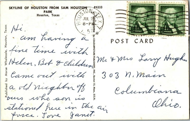 Skyline of Houston TX From Sam Houston Park c1957 Vintage Postcard F36