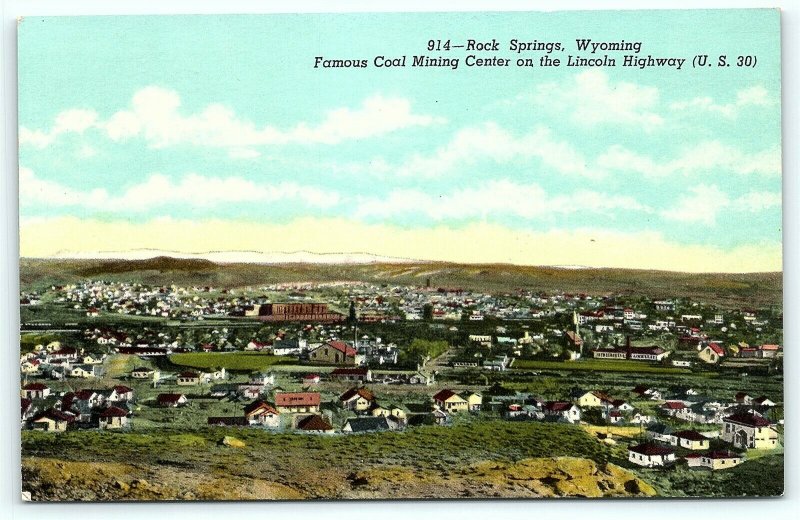 Postcard WY Rock Springs Panorama of Coal Mining Town Lincoln Highway Rt 30 R52