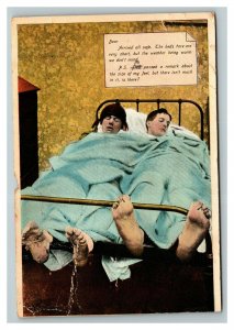 Vintage 1907 Humor Postcard Photo Two Men in Bed The Beds are Very Short - Funny