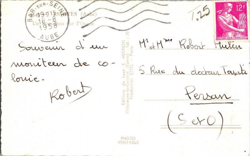 Bar Sur Seine c1958 Aube PM Vintage Postcard 12F Postes Cancel WOB Note Vintage 