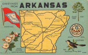 Arkansas 1940s Map State Bird Flag Tree Flowers Inter City Teich linen 2500 