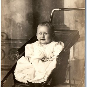 ID'd c1910s Cute Smile Baby Boy RPPC Stroller Fun Photo Arthur Roger Rodden A161