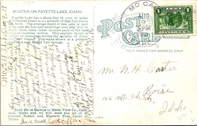 McCall, ID Idaho  BOATING ON PAYETTE LAKE  Boat Lyda  1913 Vintage Postcard