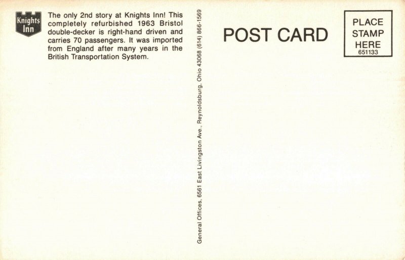 c.1963 Knights Inn Bristol Double-Decker Red Bus Postcard 2T5-408 