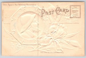 Flower Greetings~Purple Iris~Bearded Man~Blue Delft Plate~c1910 Vintage Postcard