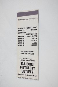 Ellisons Distillery Outlets Advertising 20 Front Strike Matchbook Cover