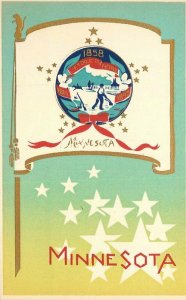 1930s Minnesota State Flag Seal Serigraph Sheehan Topanga California Postcard