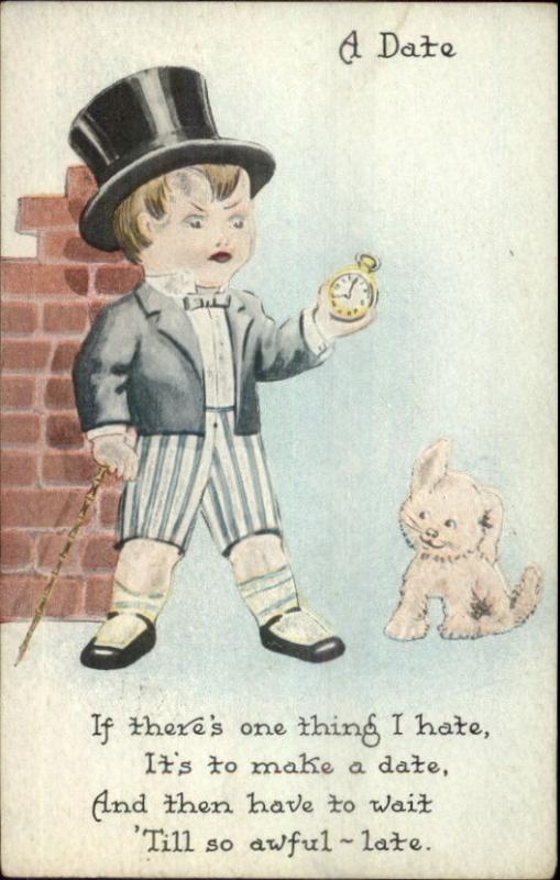 Boy in Top Hat & Suit w/ Pocket Watch Annoyed by Lateness c1920 Postcard