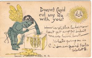ND  1906 GRAND FORKS  CUPID cuts ICE GREETINGS postcard