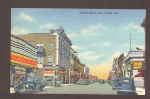 NEW CASTLE INDIANA DOWNTOWN BROAD STREET SCENE CARS VINTAGE OPSTCARD