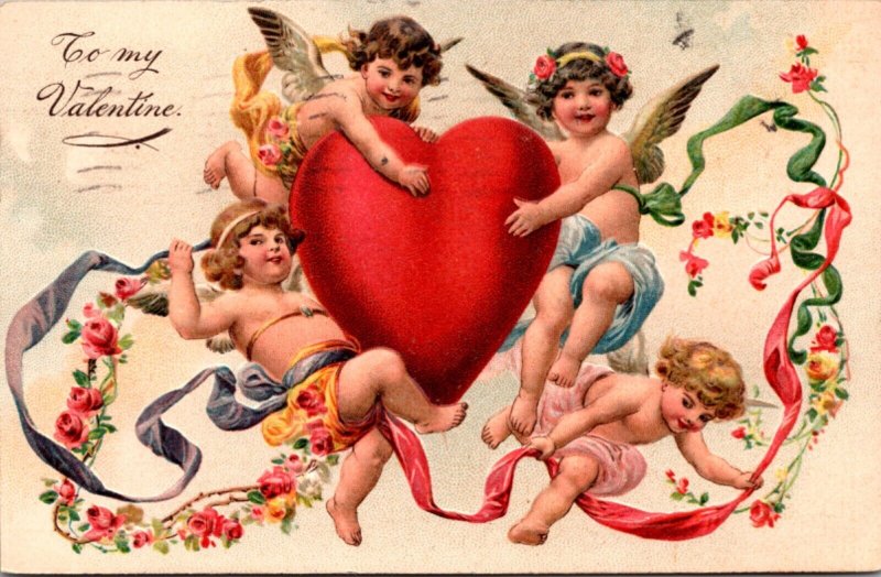 Valentine's Day Postcard Cupid Cherubs Flying with Heart Colored Ribbons Flowers