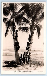 RPPC Happy Fijian Children climbing palm trees FIJI Postcard