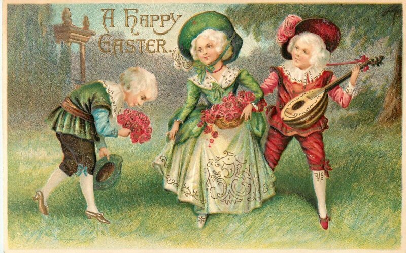 Embossed Easter Postcard Fancy People With Flowers & Lute Meissner & Buch 15789