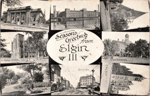 Postcard Seasons Greeting from Elgin, Illinois Multiple Views of City