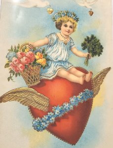 Valentine Loves Greetings  Girl On Flying Golden Wing Heart Postcard N28