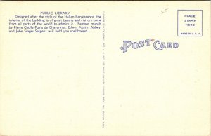 Public Library Boston Mass Linen Postcard Old Car Italian Postcard Unposted Vtg 