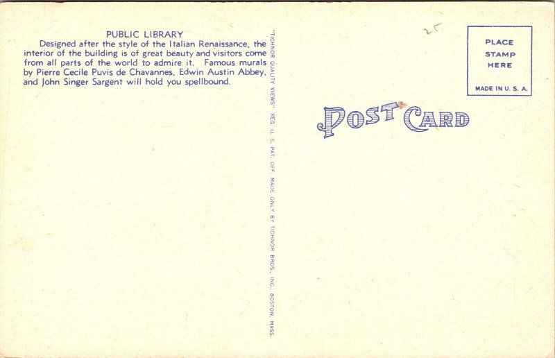 Public Library Boston Mass Linen Postcard Old Car Italian Postcard Unposted Vtg 